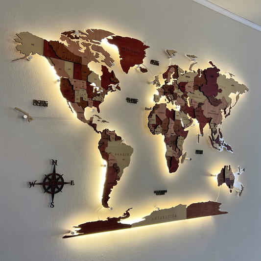 World Map in Wood, Acrylic Outline