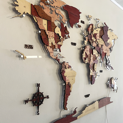 World Map in Wood, Acrylic Outline