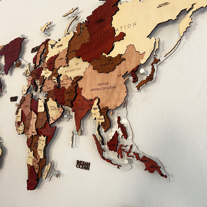 World Map in Wood, Acrylic Outline