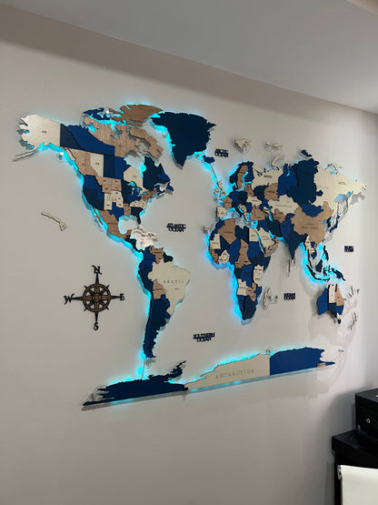 Mapa Mundial en Madera, Contorno en Acrílico